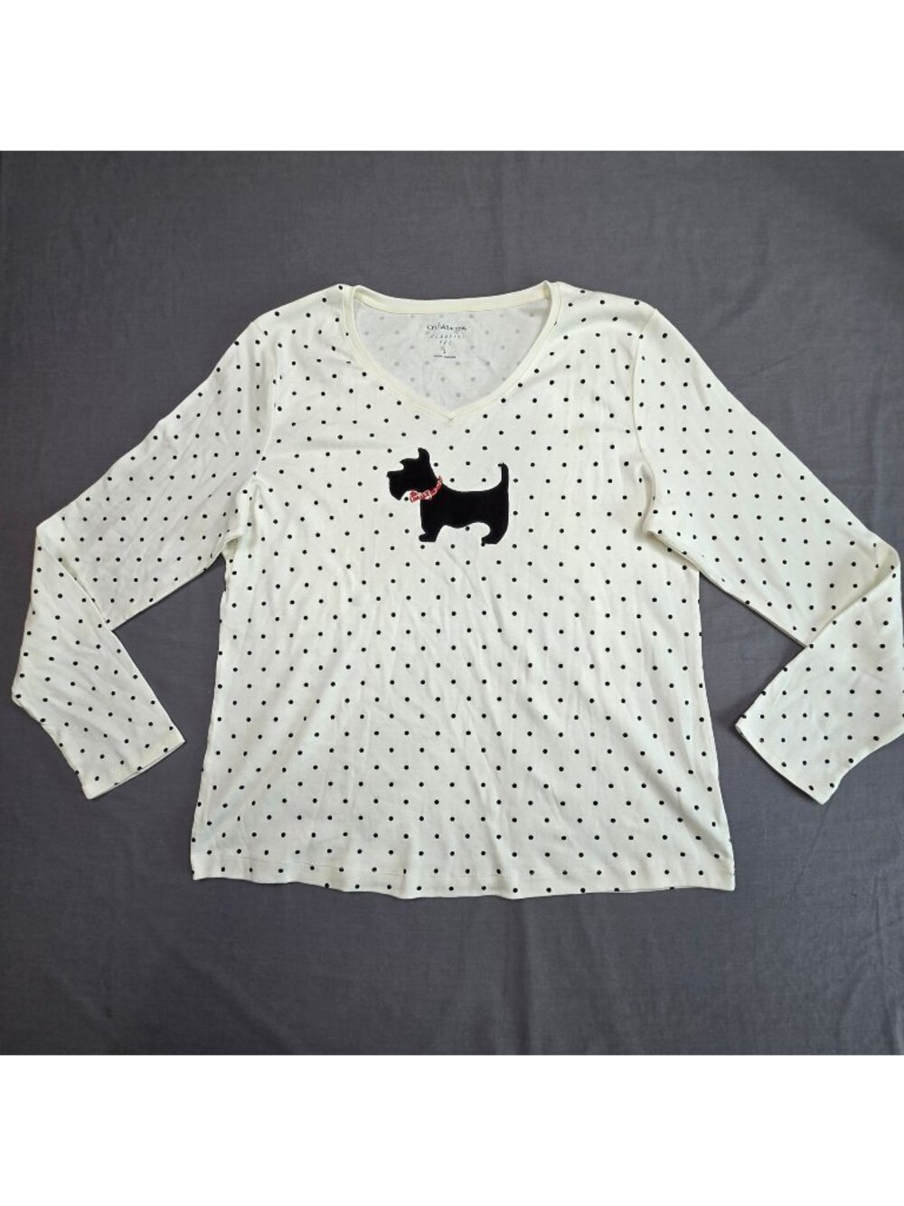 Croft & Barrow Large Long Sleeve Polka Dot Tee White Black Scottie Dog